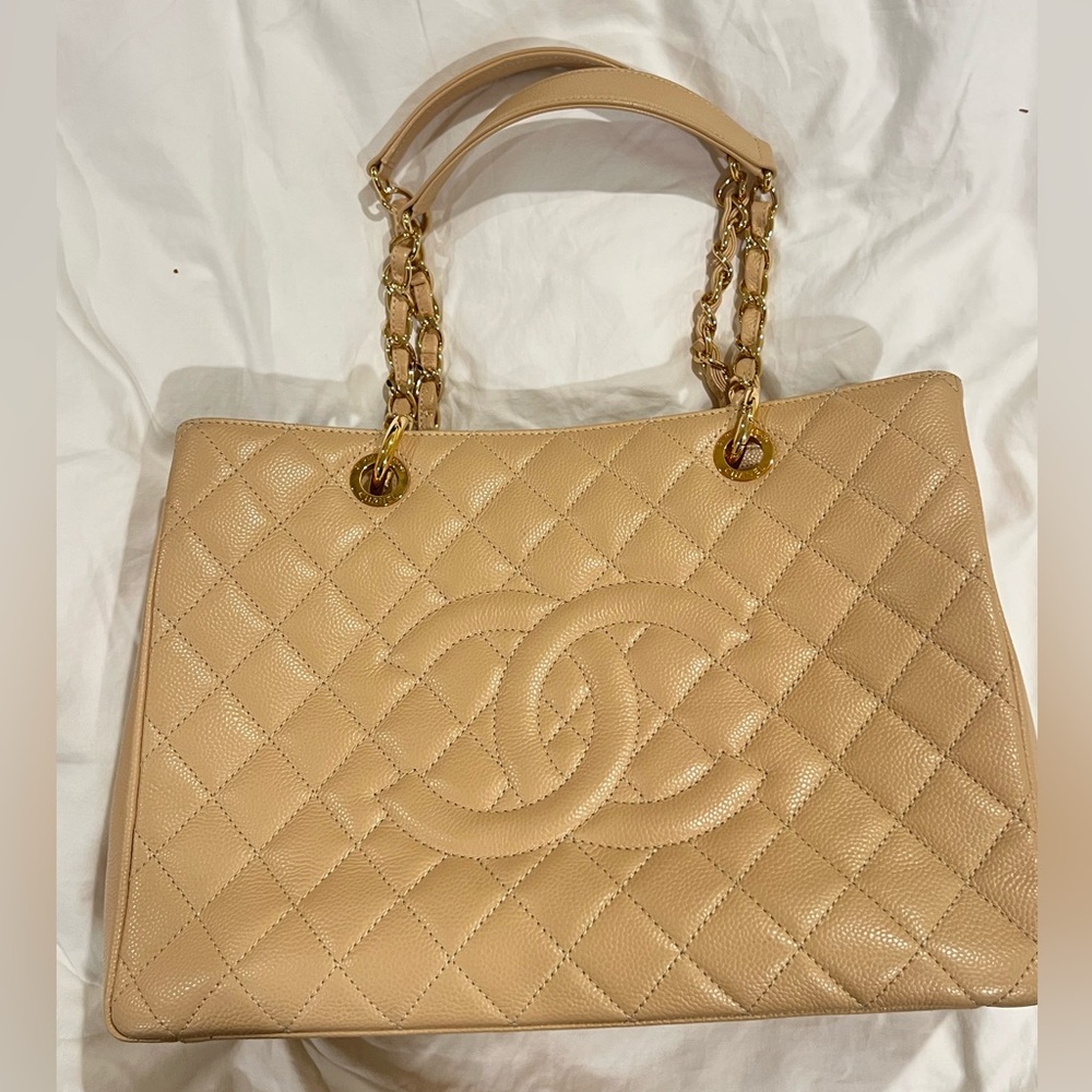 Chanel Beige Quilted Caviar Grand Shopping Tote